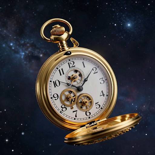 Golden pocket watch with exposed gears against a starry, cosmic background. Opened, its lid floats below, showcasing intricate mechanical details. Photograph with CGI