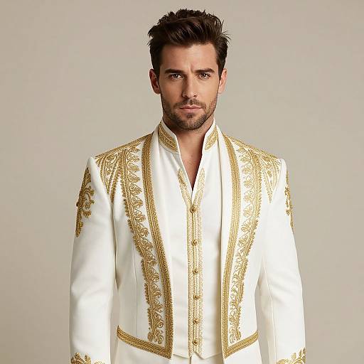 Photograph of a handsome man with dark hair and stubble, wearing an ornate white and gold embroidered traditional jacket, against a plain gray background.