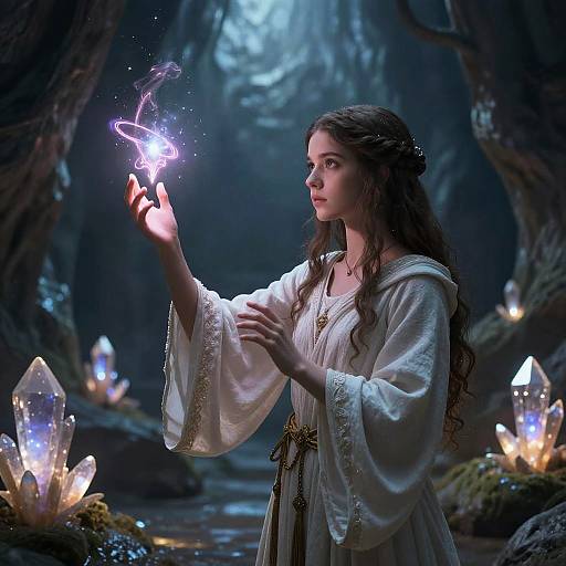 Young woman with long, wavy brown hair in white, embroidered robe, gently touches glowing, ethereal butterfly in enchanted forest with glowing crystals.