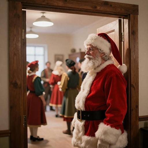Bearded Santa Peering into Festive Historical Gathering