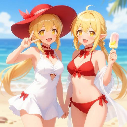 Digital anime-style drawing of two blonde, elf-eared girls in red bikinis and hats, holding hands on a sunny beach with blue ocean background.