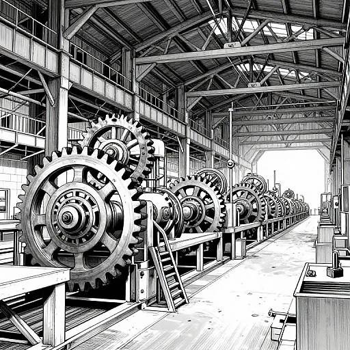 Black-and-white digital drawing of a large, industrial warehouse with multiple large, intricate gears on metal racks, ladders, and a high, wooden-be