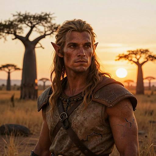 Photograph of a rugged, blonde-haired elf with pointed ears, wearing cracked leather armor, standing in a sunlit savanna at sunset.