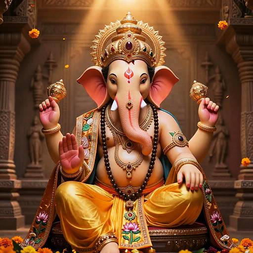 Ornate Ganesha Statue with Blessings in Ancient Temple
