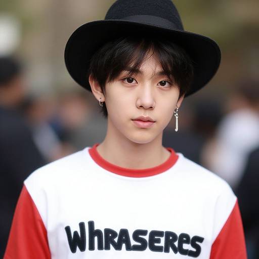 Photograph of an Asian young man with fair skin, black hat, black hair, red-and-white shirt with 