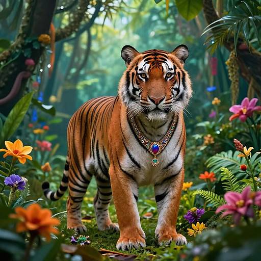 Photorealistic digital art of a majestic tiger with orange fur, black stripes, and a blue gem necklace, walking through a vibrant, colorful jungle filled