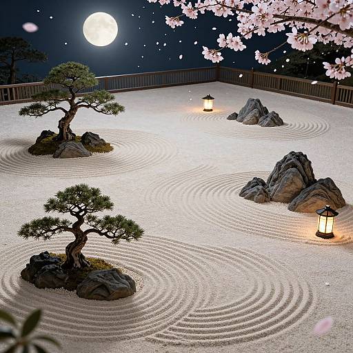 Nighttime Japanese Zen garden with raked sand, three bonsai trees, rocky formations, lanterns, cherry blossoms, and a full moon in
