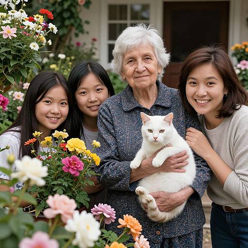 Photograph of elderly Asian woman with white hair, wearing blue patterned shirt, holding white cat, flanked by two smiling Asian daughters, surrounded by
