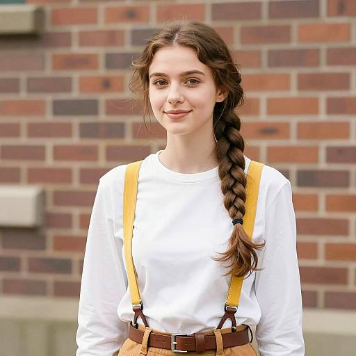 Young Woman with Long Braid and Yellow Suspenders