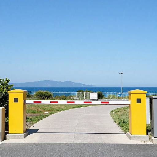 Bright yellow gate pillars frame a coastal pathway leading to a blue ocean with mountains in the distance under a clear sky. Photograph.