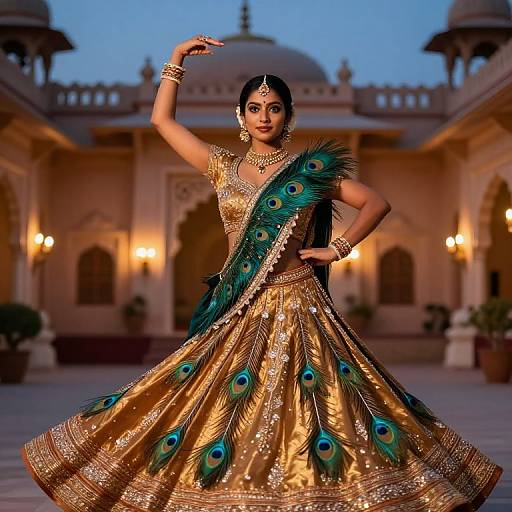 Photograph of an Indian woman in an elaborate gold peacock-embroidered lehenga, standing confidently in front of a pink sandstone palace at