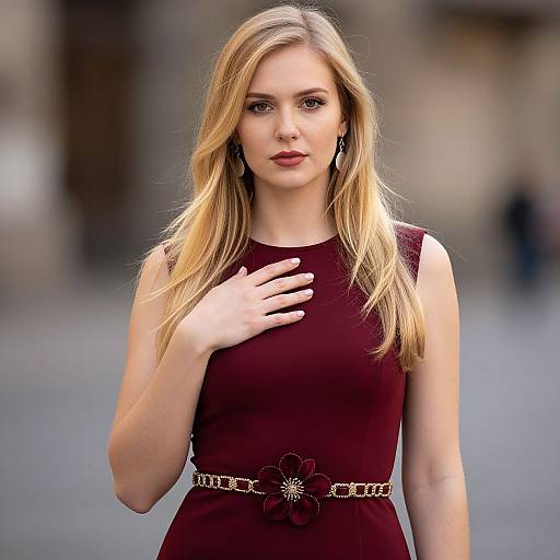 Photograph of a blonde woman with fair skin, wearing a sleeveless maroon dress with a gold belt, gently touching her chest in an urban,