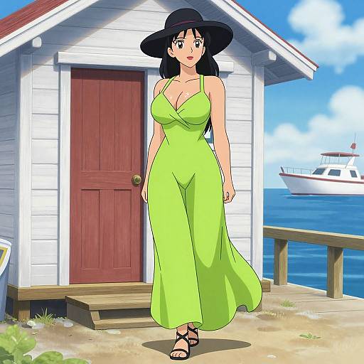 Anime-style drawing of a black-haired woman in a green sundress and black sandals, standing in front of a small white boathouse by the sea