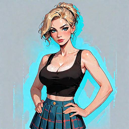 Blonde Woman in Black Crop Top and Plaid Skirt