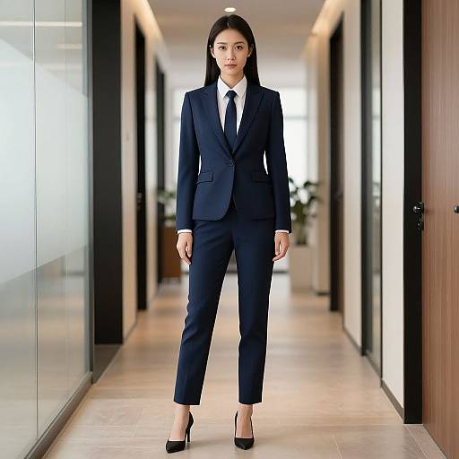 Photograph of an Asian woman with long black hair, wearing a navy blue suit, white shirt, black tie, and black high heels, standing confidently