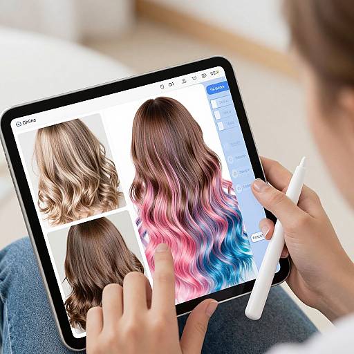 Photograph of hands using a tablet, displaying hair images with wavy brown and pink-blue ombre styles, with a white stylus in use