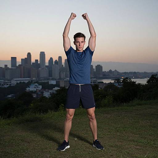 Fit Man Striking Superhero Pose at Dusk