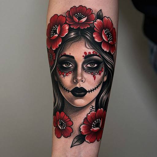 Tattoo of a black-haired, pale-skinned woman with dark eyes, red flower crown, and black lipstick, adorned with red flower petals on