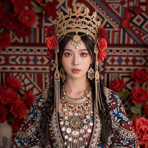 Photograph of an Asian woman in ornate traditional attire, adorned with gold jewelry, red roses, and intricate headpiece, set against a geometric pattern