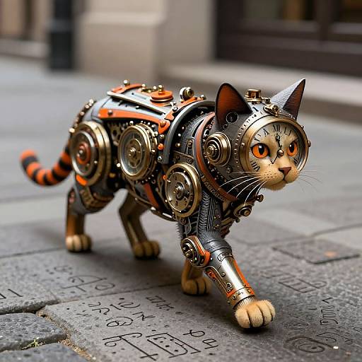 Photorealistic CGI of a mechanical, steampunk-style cat with orange eyes, brass gears, and metallic limbs, walking on a stone pavement.