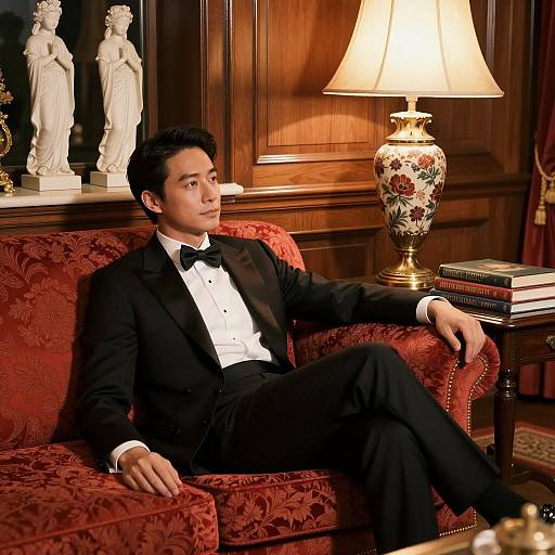 Man in Black Tuxedo on Red Sofa