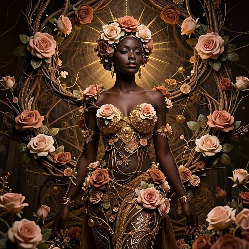 Photograph-style digital artwork: Dark-skinned woman with glowing halo, adorned in gold and rose flower jewelry, surrounded by pink roses, intricate gold patterns