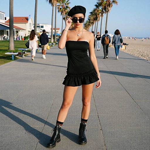 Photograph of a confident woman in a black strapless mini dress, black boots, and beret, standing on a sunny beach boardwalk with palm
