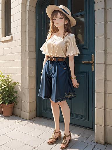 Anime-style digital illustration of a young woman with long brown hair, wearing a beige hat, white blouse, blue skirt, and brown sandals, standing in