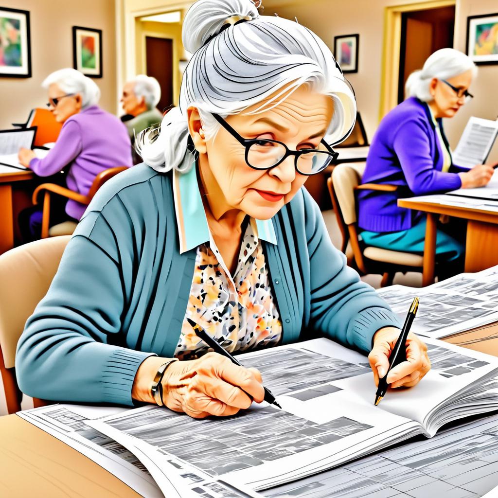 Elderly Woman Taking Notes in Retirement Home