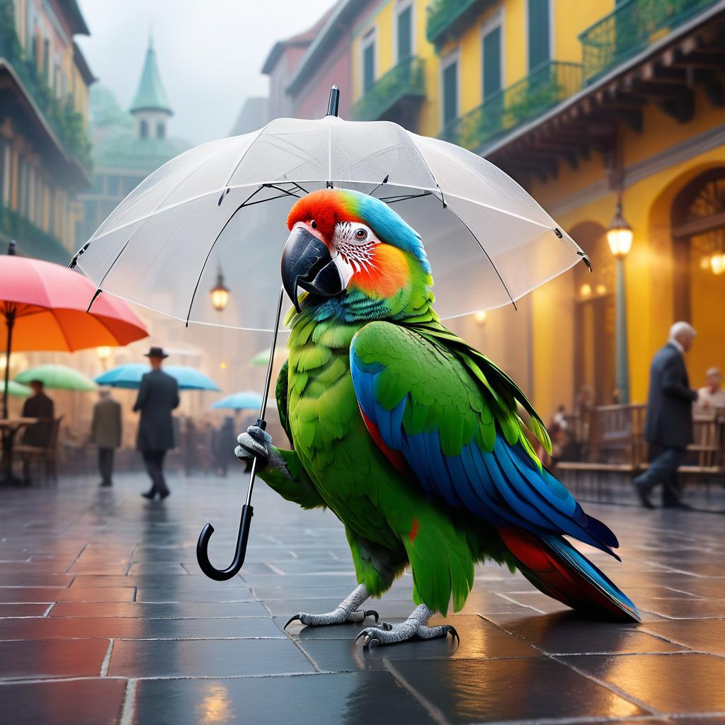 Surreal Parrot-Umbrella Fusion in Enchanted Square