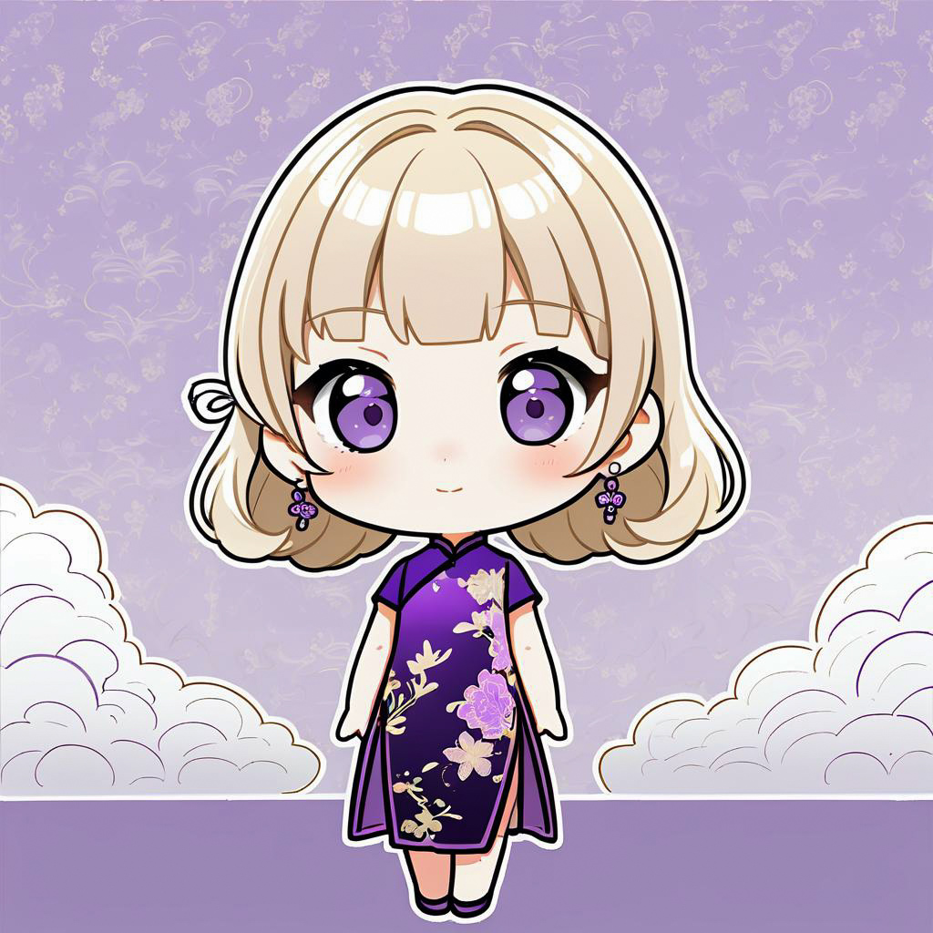 Elegant Chibi Lady in Purple Cheongsam