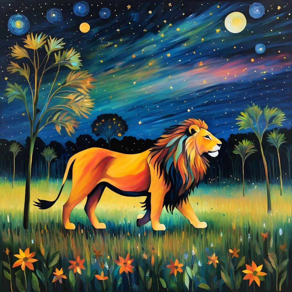 Dreamy Lion Under Starlit Savannah Sky