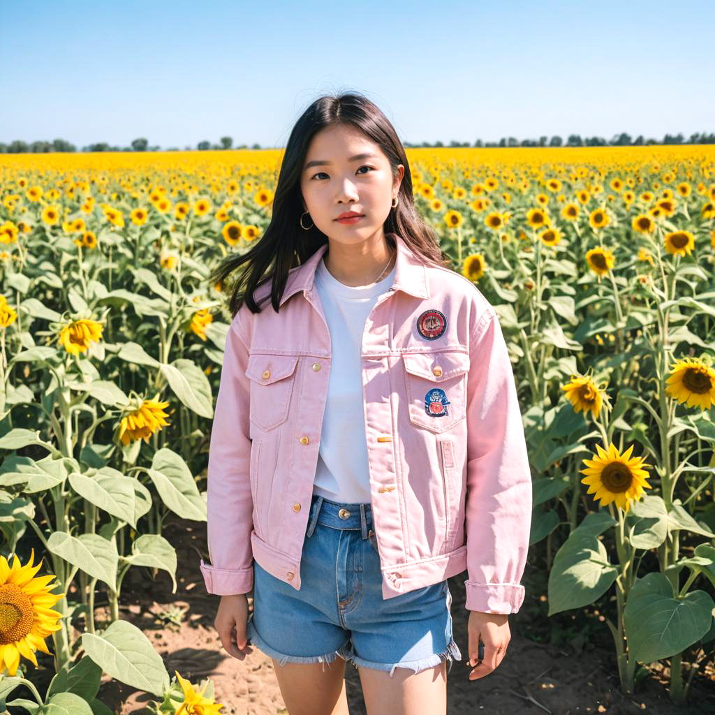 Young Girl in Denim Jacket in Sunflowers