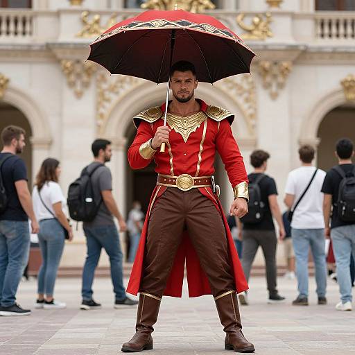 Photograph of a muscular man with dark hair, beard, and olive skin, wearing a red, gold-trimmed medieval costume, holding a red
