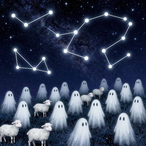 Digital illustration of ghostly figures with white, translucent bodies standing in a dark, starry night field, with a constellation map overhead and sheep scattered among
