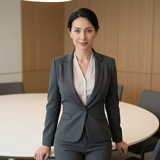 Photograph of a smiling woman with dark hair in a neat bun, wearing a dark gray suit and white blouse, standing in front of a round white