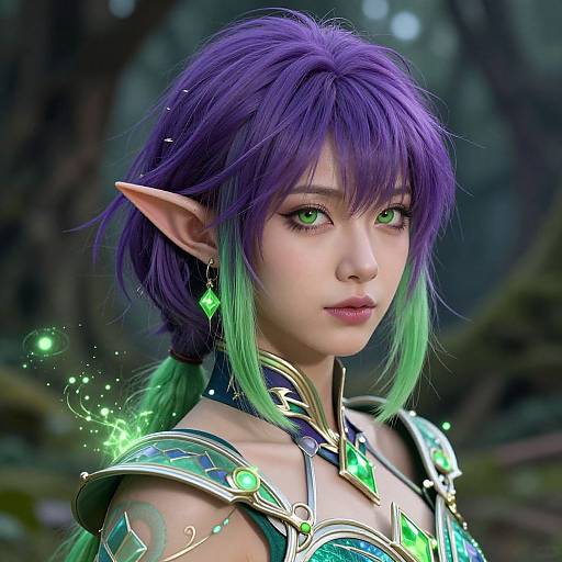Digital fantasy artwork of a purple-haired, green-eyed elf with pointed ears, green and purple gradient hair, glowing green jewelry, and ornate armor,