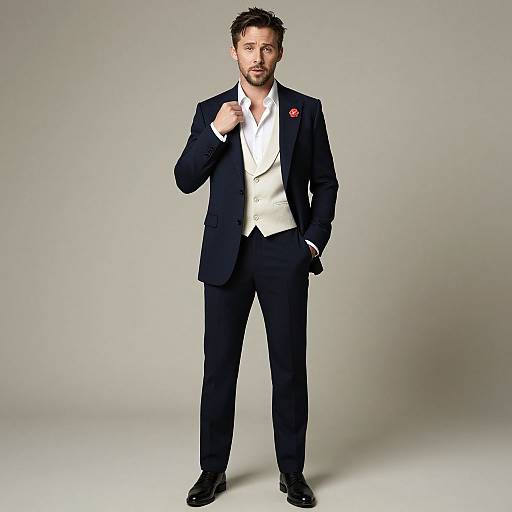 Photograph of a handsome man with short brown hair, beard, and slight stubble, wearing a black suit, white dress shirt, and black shoes