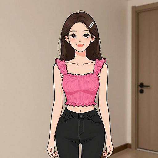 Digital anime-style drawing of a young woman with long brown hair, pink ruffled crop top, black high-waisted pants, standing in a plain
