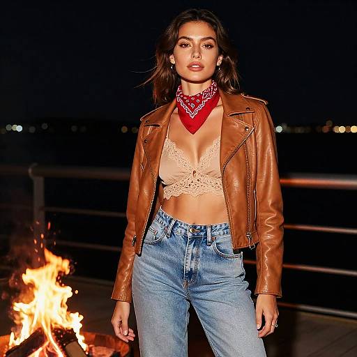Photograph of a woman with dark hair, red bandana, lace beige bralette, brown leather jacket, and high-waisted blue jeans,