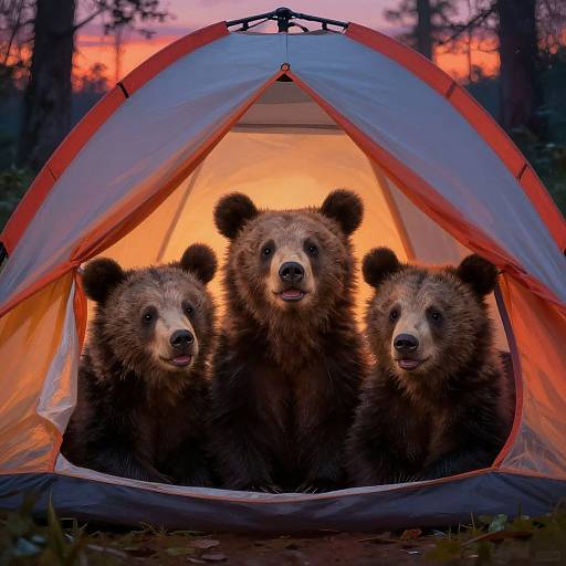 Cute Bear Cubs in Tent at Sunset