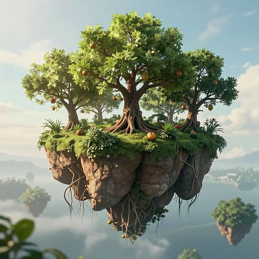 Digital fantasy artwork of a floating island with lush orange trees, hanging roots, and sunlight, set against a cloudy sky.