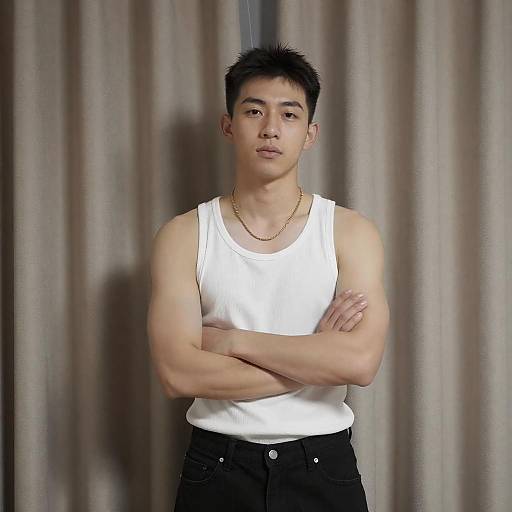Young Man in White Tank Top with Crossed Arms