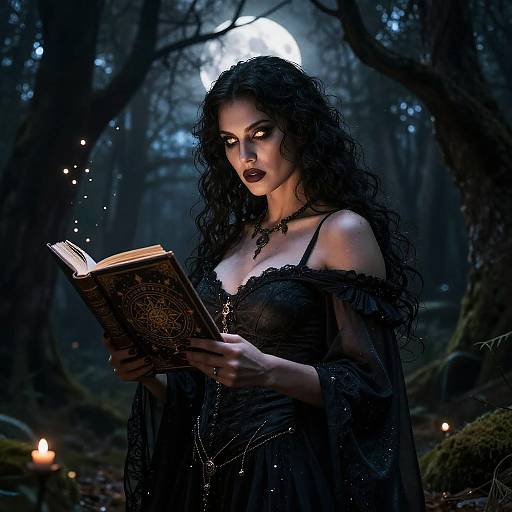 Digital artwork of a dark-haired, pale-skinned witch with glowing eyes, wearing a black lace dress, reading a magical book under a full moon in