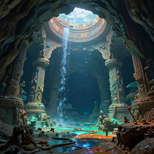 Fantastical cave with intricate stone pillars, a central waterfall, and colorful glowing water pooling on rocky ground. Bright skylight illuminates the mystical