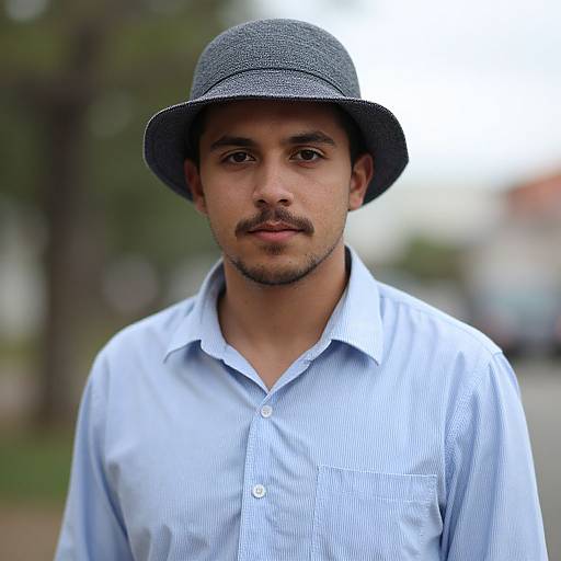 Photograph of a young man with medium brown skin, dark eyes, and a mustache, wearing a gray fedora and blue striped shirt, standing