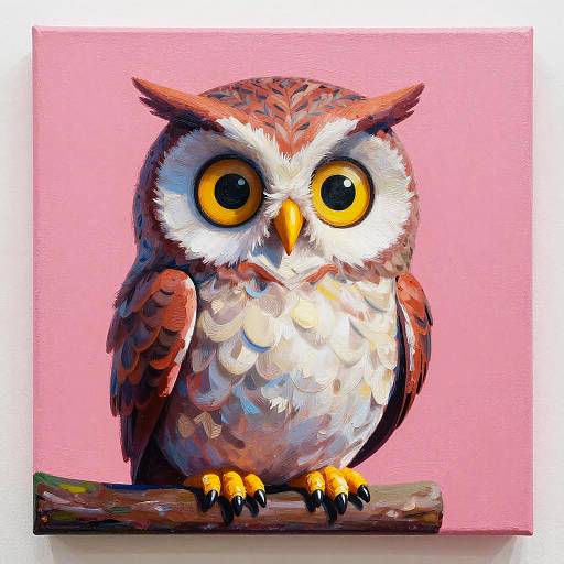 Digital painting of a wide-eyed, brown and white owl with large yellow eyes and orange beak, sitting on a branch against a pink background.