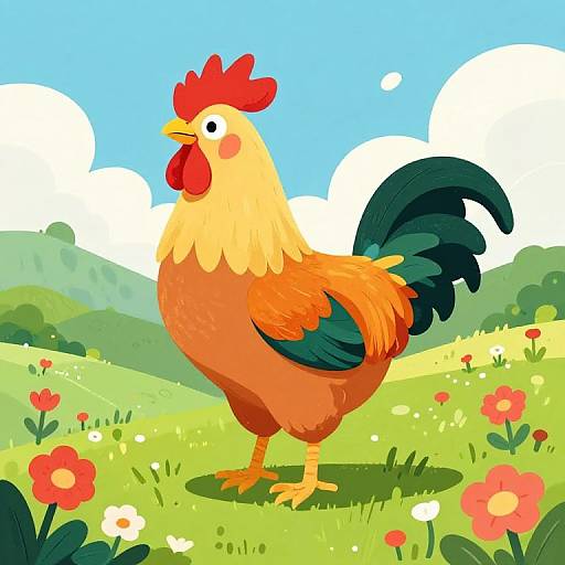 Colorful digital illustration of a proud rooster with a red comb, orange feathers, and black tail, standing in a vibrant, flower-filled meadow