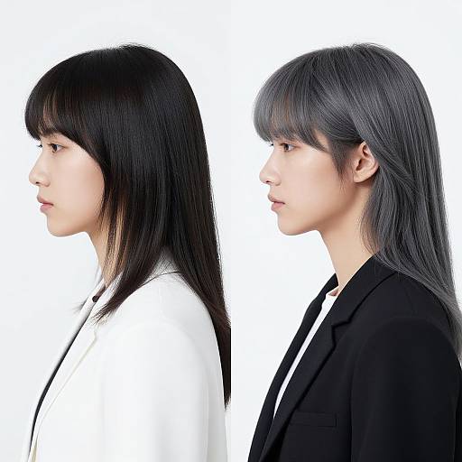 Photograph of two Asian women, side profiles, black hair, white and black blazers, white background, contrasting hairstyles and attire.