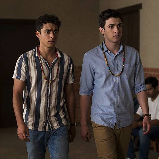 Two Young Men Walking in Rustic Room